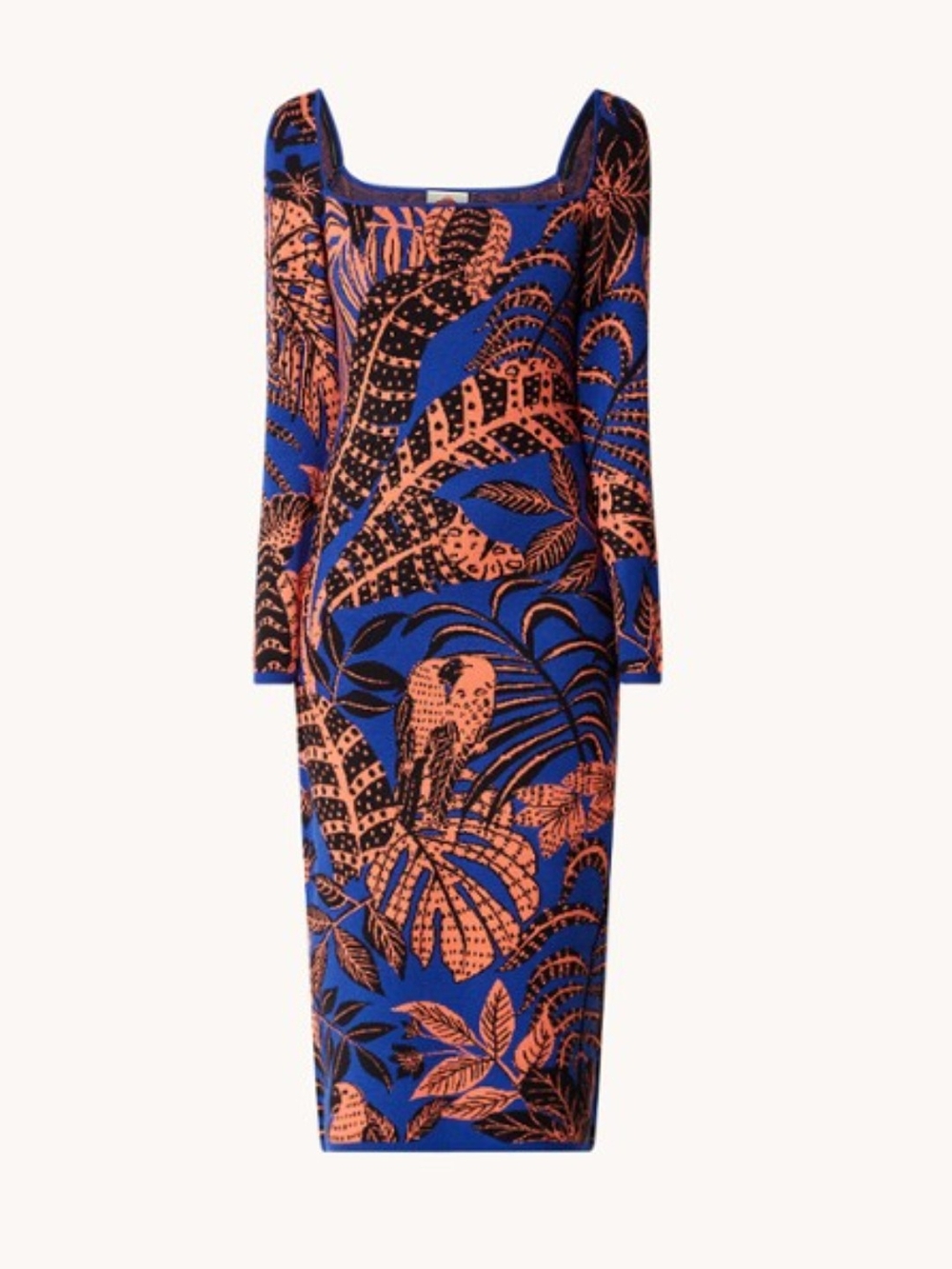 FARM Rio Blue and Orange Tropical Square-Neck Long Sleeve Midi Dress